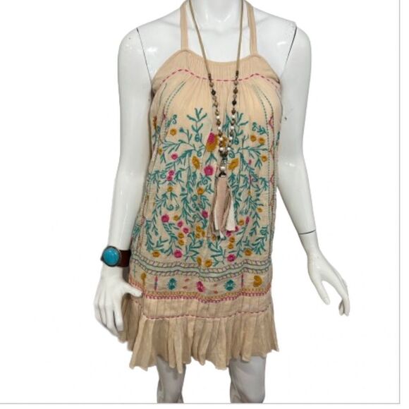 Anthropologie Akemi + Kin Cream Embroidered Ruffle Racer Back Cotton Dress—0P‎ - Picture 4 of 16